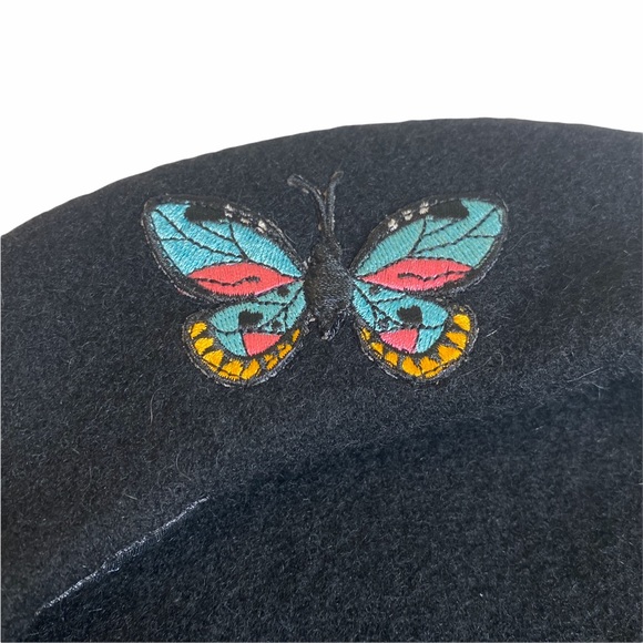 VHTF: Valfre ☻︎ Social Butterfly Embroidered Beret Hat ☻︎ Black Wool ☻︎ Colorful - Picture 10 of 17